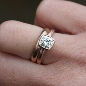 Recycled rose gold 1 ct Forever One moissanite ring set, cushion cut engagement ring set image 2