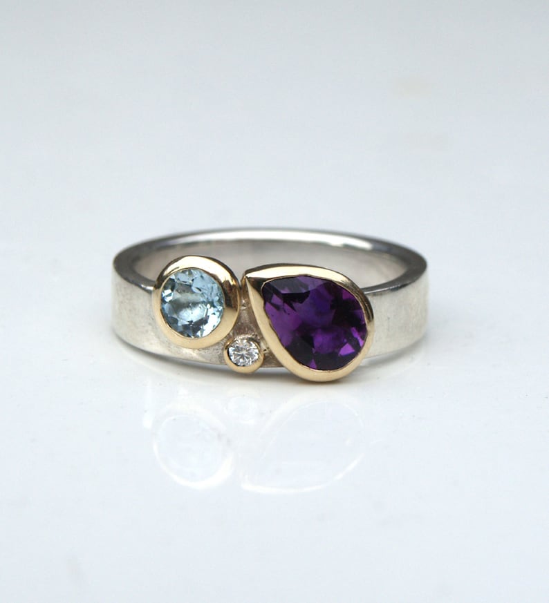 Birthstone ring with amethyst, aquamarine and diamond image 4