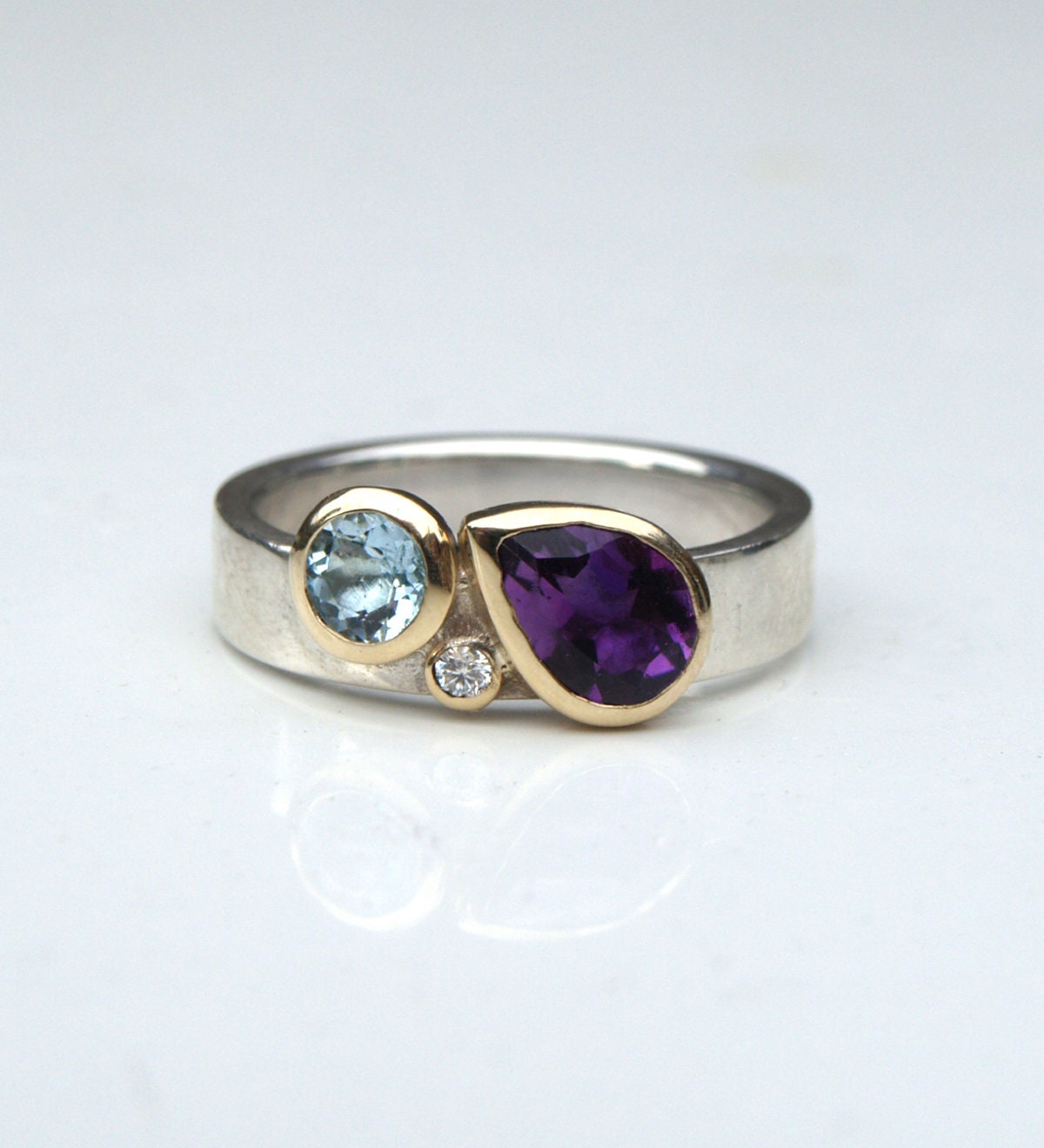 Birthstone Ring With Amethyst Aquamarine and Diamond - Etsy UK