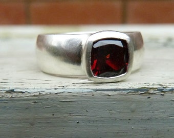 Square garnet ring, cushion garnet ring, wide band garnet ring