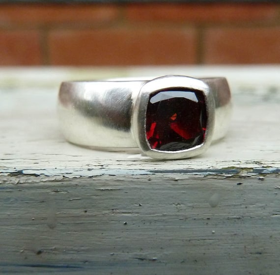 Square Garnet Ring: Wide Band, Cushion Cut, Silver