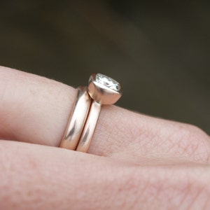 Recycled rose gold 1 ct Forever One moissanite ring set, cushion cut engagement ring set image 4