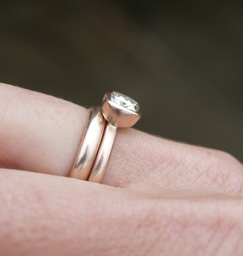 Recycled rose gold 1 ct Forever One moissanite ring set, cushion cut engagement ring set image 4