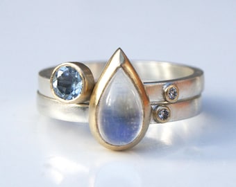 Moonstone stacking rings; silver stacking ring set