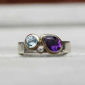 Birthstone ring with amethyst, aquamarine and diamond image 1
