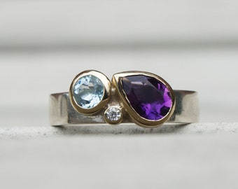 Birthstone ring with amethyst, aquamarine and diamond