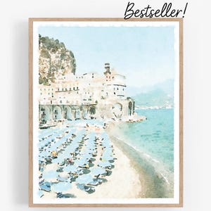 Beach Print, Amalfi Coast Italy, Atrani Watercolor Wall Art Digital Download, Landscape Painting Neutral Calm 5x7, 8x10, 11x14, 16x20, 18x24