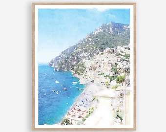Positano Italien Amalfi-Küste Aquarell Malerei Digital Printable Italienisches Dekor Strand Druck Landschaft Wandkunst 5 x 7, 8 x 10, 11 x 14, 16 x 20, 18 x 24