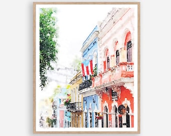 Old San Juan Puerto Rico Artwork Travel Print Digital Printable Colorful Buildings Cobblestone Street Wall Art 5x7, 8x10, 11x14, 16x20 18x24