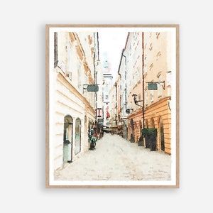 Salzburg Austria Neutral Wall Art Watercolor Print Digital Download Printable, Vintage City Street Buildings  5x7, 8x10, 11x14, 16x20, 18x24