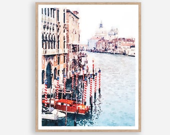 Obra de arte de Venecia, acuarela, descarga digital, imprimible, impresión de Italia, decoración de viaje, arte mural europeo, barco, 5x7, 8x10, 11x14, 16x20, 18x24