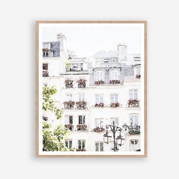Paris France Buildings Facade Watercolor Painting Digital Printable, French Decor Parisian Print Wall Art 5x7, 8x10, 11x14, 16x20, 18x24