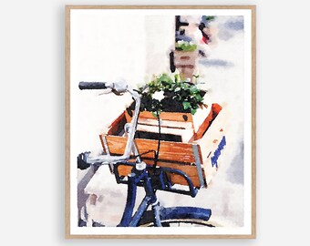 Bicycle Flower Basket Box Watercolor Wall Art, Botanical Print, Digital Download, Bike, Street Scene, Neutral Poster Painting 16x20, 18x24