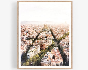 Barcelona Spanje aquarel stad muur kunst poster neutrale print digitale download Sagrada Familia decor 5 x 7, 8 x 10, 11 x 14, 16 x 20, 18 x 24
