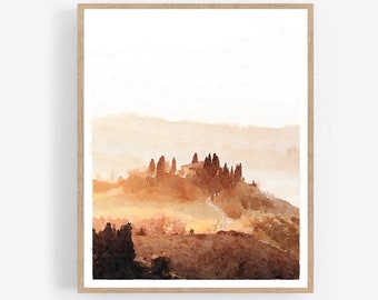 Neutral Tuscany Print Digital Download, Italy Landscape Watercolor Wall Art Italian Decor, Sepia Painting 5x7, 8x10, 11x14, 16x20, 18x24