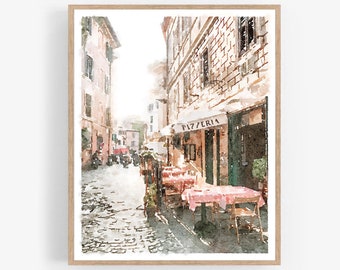 Rome Italy Wall Art Pizzeria Watercolor Painting Travel Print Digital Printable Street Neutral Old World Decor 5x7 8x10, 11x14, 16x20, 18x24