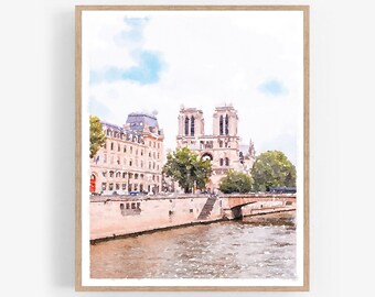 Watercolor Paris Painting Notre Dame Cathedral Seine River Digital Download, France Decor French Architecture 5x7, 8x10, 11x14, 16x20, 18x24