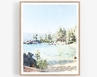 Lake Tahoe Watercolor Landscape Artwork, Sand Harbor Beach Decor Printable Wall Art, Modern Rustic Chic Print 5x7, 8x10, 11x14, 16x20, 18x24