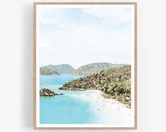 Trunk Bay St. John US Virgin Islands Watercolor Wall Art Digital Printable, Beach Print, Spa Calming Wall Art 5x7, 8x10, 11x14, 16x20, 18x24