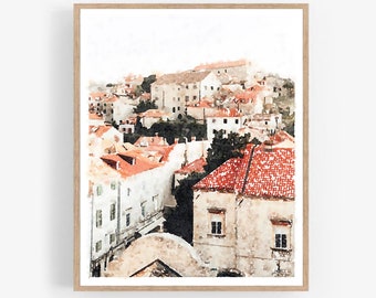Dubrovnik Croatie Ville Aquarelle Peinture Numérique Télécharger, Neutral Wall Art Print Old World vintage Decor 5x7, 8x10, 11x14, 16x20, 18x24