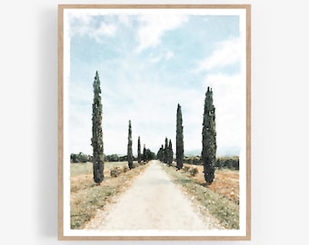 Italie Cypress Tree Landscape Aquarell Print Digital, San Quirico d’Orcia Siena, Neutral Wall Art Photography 5x7, 8x10, 11x14, 16x20 18x24