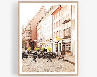 Freiburg Germany Neutral Vintage City Square Münsterplatz Watercolor Print Digital Download, Sepia Wall Art 5x7, 8x10, 11x14, 16x20, 18x24