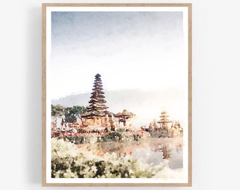 Bali Print Indonesia Art Watercolor Painting Digital Printable, Pura Ulun Danu Beratan Temple, Tropical Decor 5x7, 8x10, 11x14, 16x20, 18x24