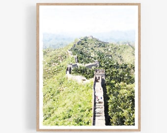 Aquarelle de la Grande Muraille de Chine en téléchargement numérique, décoration chinoise, impression de paysage, photographie d'affiches 5 x 7, 8 x 10, 11 x 14, 16 x 20, 18 x 24