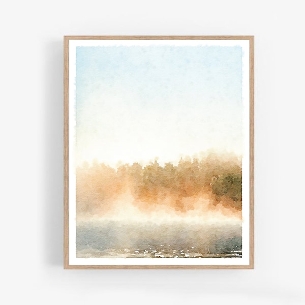 Neutral Misty Lake Landscape Watercolor Wall Art Printable, Abstract Painting Photography Serene Print Decor 5x7, 8x10, 11x14, 16x20, 18x24