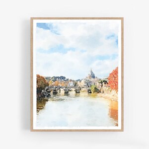 Rome Italy Watercolor Wall Art Digital Printable Download European Travel Print Saint Angelo Bridge Cathedral 5x7, 8x10, 11x14, 16x20, 18x24