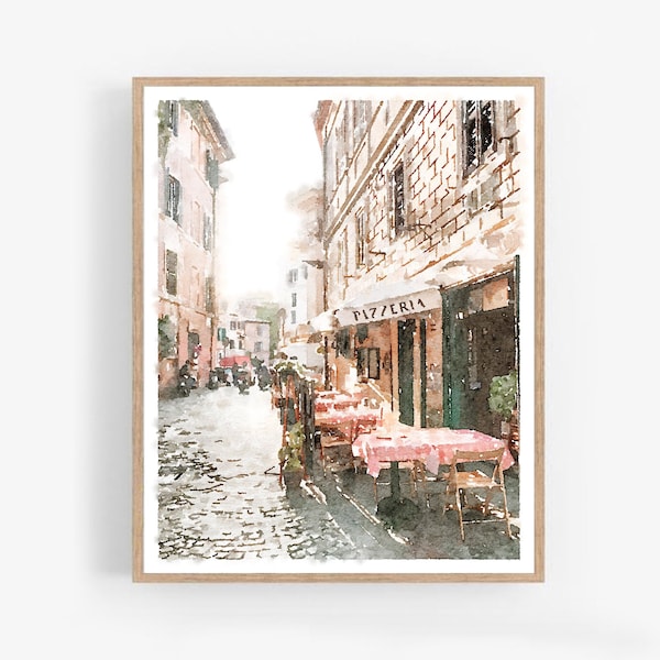 Rome Italy Wall Art Pizzeria Watercolor Painting Travel Print Digital Printable Street Neutral Old World Decor 5x7 8x10, 11x14, 16x20, 18x24