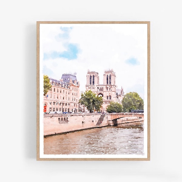 Watercolor Paris Painting Notre Dame Cathedral Seine River Digital Download, France Decor French Architecture 5x7, 8x10, 11x14, 16x20, 18x24