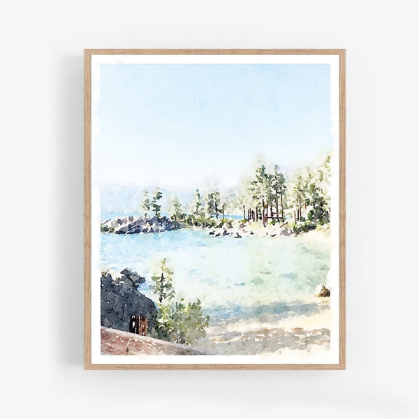Lake Tahoe Modern Rustic Landscape Lake Painting Download Printable Watercolor Print Blue Muted Woods Decor 5x7, 8x10, 11x14, 16x20, 18x24