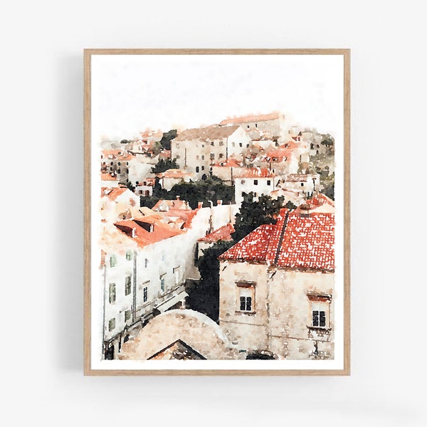 Dubrovnik Kroatië Stad Aquarel schilderij digitale download, neutrale wall art print oude wereld vintage decor 5x7, 8x10, 11x14, 16x20, 18x24