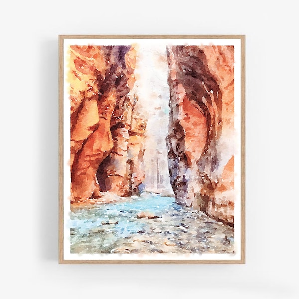 Zion National Park The Narrows Watercolor Painting Digital Printable Download Gorge Wall Art Rustic Home Decor 5x7 8x10, 11x14, 16x20, 18x24