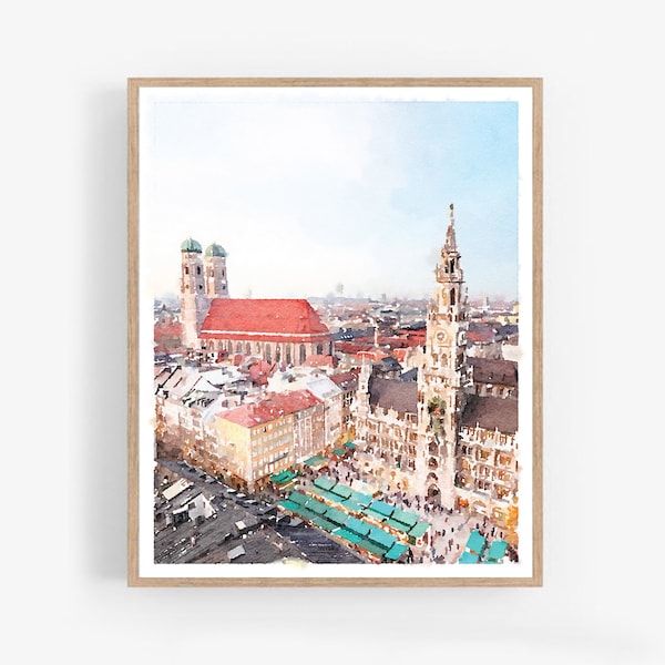 Munich Painting Printable Watercolor Wall Art Download Rathaus Glockenspiel Clock Germany Art Travel Painting 5x7, 8x10, 11x14, 16x20, 18x24
