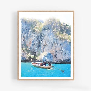 Phuket Thailand Fishing Boat Watercolor Wall Art, Printable Digital Download, Tropical Island Print, Beach Decor, Island Poster Photography