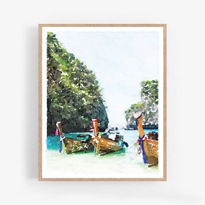 Phi Phi Islands Phuket Thailand Tour Boat Watercolor Digital Download Print, Tropical Beach Wall Art Decor 5x7, 8x10, 11x14, 16x20, 18x24