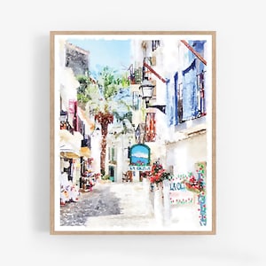 Ibiza Spanien Wand Kunst Aquarell Druck Digitale druckbare Download, Tropical Dekor Straßenmalerei Spanische Stadt 5 x 7, 8 x 10, 11 x 14, 16 x 20, 18 x 24