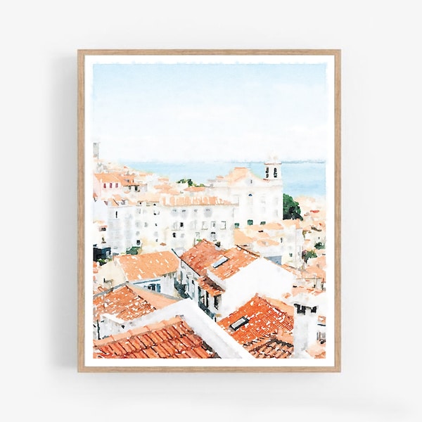 Lisbonne Wall Art Portugal Print Aquarelle Peinture Imprimable Télécharger Travel Wall Art European City Art Print 5x7, 8x10, 11x14, 16x20, 18x24