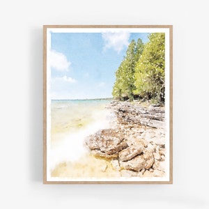 Door County Wisconsin acuarela pintura imprimible pared arte descargar, Lake Michigan Shore WI Beach Art Print 5x7, 8x10, 11x14, 16x20, 18x24