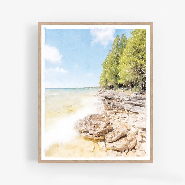 Door County Wisconsin aquarel schilderij afdrukbare Wall Art downloaden, Lake Michigan Shore WI Beach Art Print 5 x 7, 8 x 10, 11 x 14, 16 x 20, 18 x 24