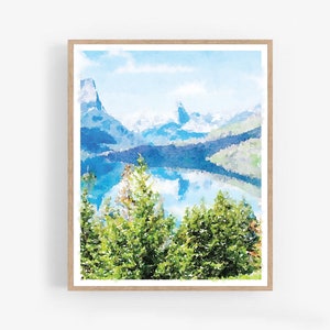 Glacier National Park Watercolor Painting Landscape Printable Mountain Wall Art Print, Digital Download Art 5x7, 8x10, 11x14, 16x20, 18x24
