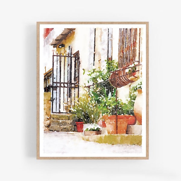 Provence France Courtyard Architecture Watercolor Wall Art, Printable Digital Download French Yard Street Buildings Architecture Gate Plants