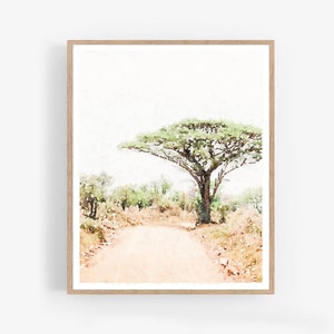May include: A watercolor painting of a dirt road leading to a large, green tree in a savanna landscape.