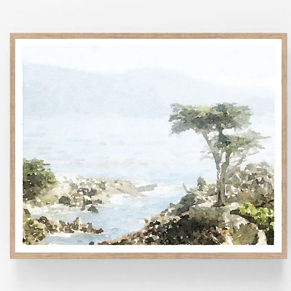Coast Print, Lone Cypress Tree, California Highway 1, Digital Download, Watercolor Landscape Wall Art Decor 5x7, 8x10, 11x14, 16x20, 18x24