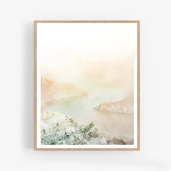 Neutral Artwork Abstract Landscape Watercolor Painting Digital Printable Download, Calm Mountain River Decor 5x7, 8x10, 11x14, 16x20, 18x24