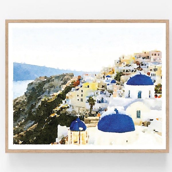 Santorini Print, 3 Blue Domes Watercolor Digital Download, Greece Wall Art Island Landscape Photography Decor 5x7, 8x10, 11x14, 16x20 18x24