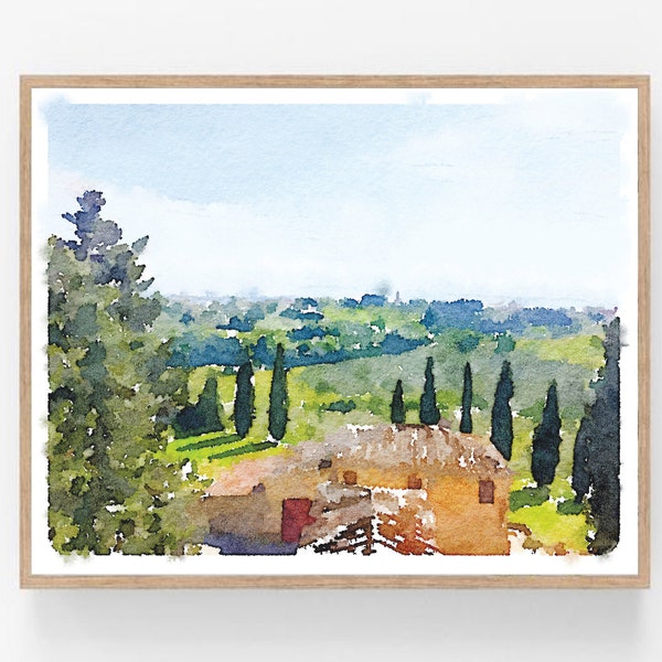 Tuscany Landscape Wall Art Watercolor Italy Print Digital Download, Travel Art Print, Colorful Italian Decor 5x7, 8x10, 11x14, 16x20 18x24