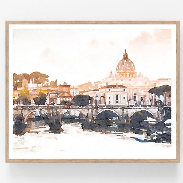 Rome Italy Cityscape Bridge View Watercolor Wall Art, Digital Printable, Italian Print, Neutral Photography 5x7, 8x10, 11x14, 16x20, 18x24